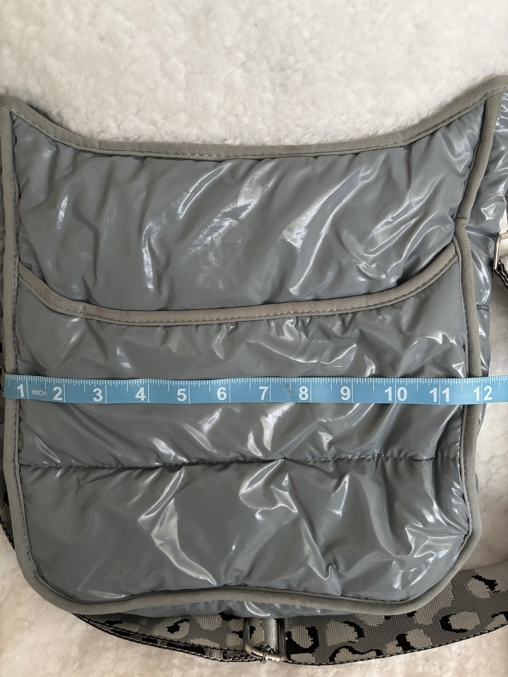 Quilted Crossbody Bag in Glossy Gray with Patterned Strap - Picture 7 of 7
